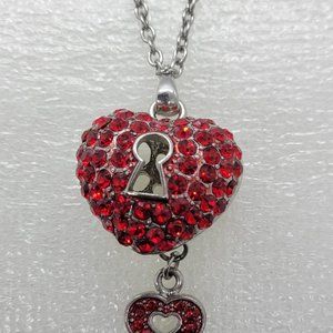 Red Rhinestone Heart with Key Pendent w/silver Necklace NK_OT0013